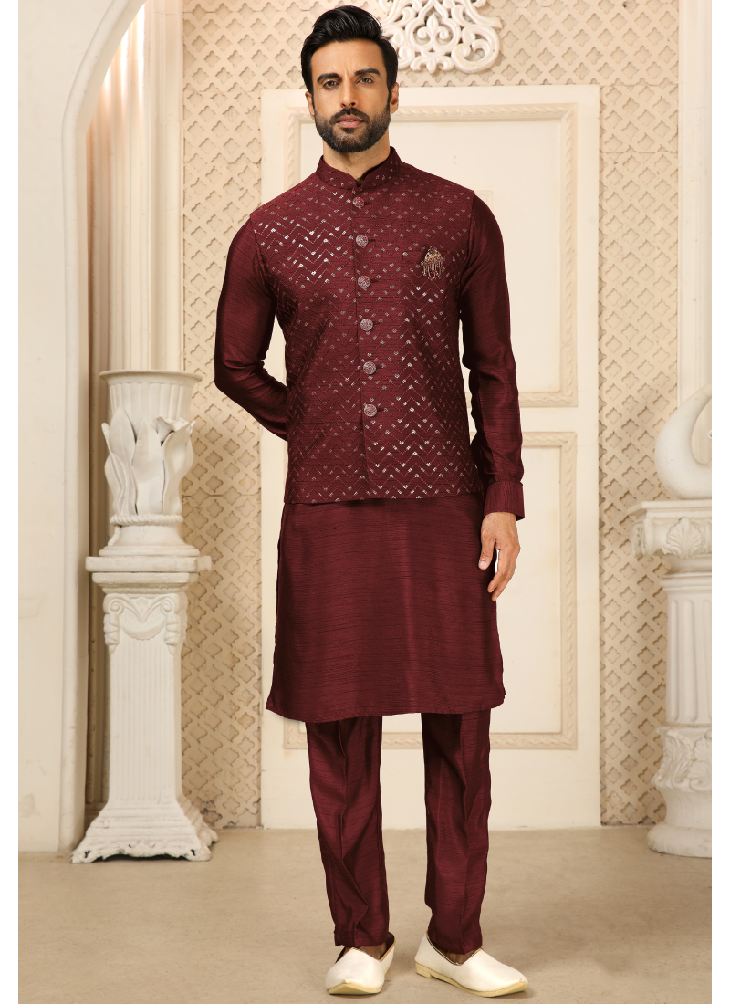 Maroon Silk Koti Kurta Set for Men with Sequence Embroidery Maroon Silk Koti Kurta Set for Men with Sequence Embroidery