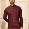 Maroon Silk Koti Kurta Set for Men with Sequence Embroidery - View 2