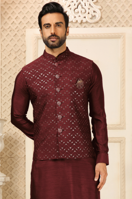 Maroon Silk Koti Kurta Set for Men with Sequence Embroidery