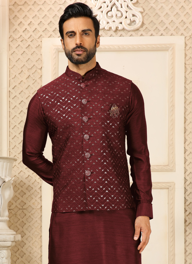 Maroon Silk Koti Kurta Set for Men with Sequence Embroidery Maroon Silk Koti Kurta Set for Men with Sequence Embroidery