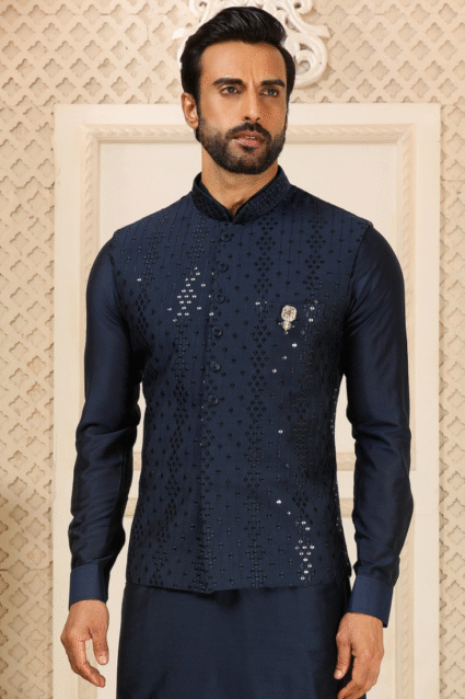 Navy Blue Nehru Jacket with Art Silk Bottom for Men
