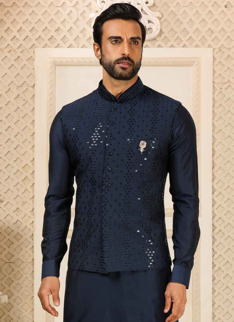 Navy Blue Nehru Jacket with Art Silk Bottom for Men Navy Blue Nehru Jacket with Art Silk Bottom for Men