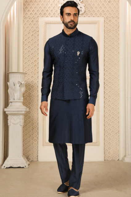 Navy Blue Nehru Jacket with Art Silk Bottom for Men