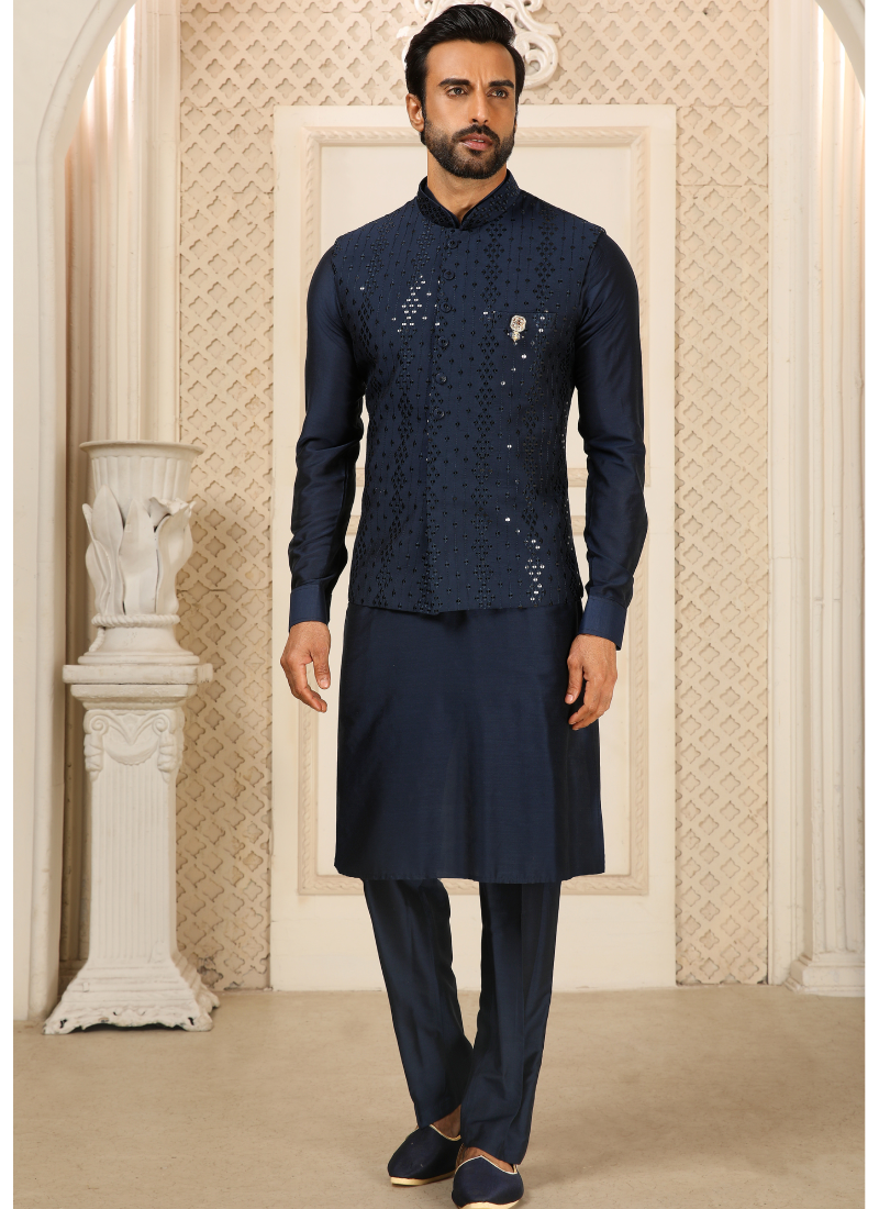 Navy Blue Nehru Jacket with Art Silk Bottom for Men Navy Blue Nehru Jacket with Art Silk Bottom for Men