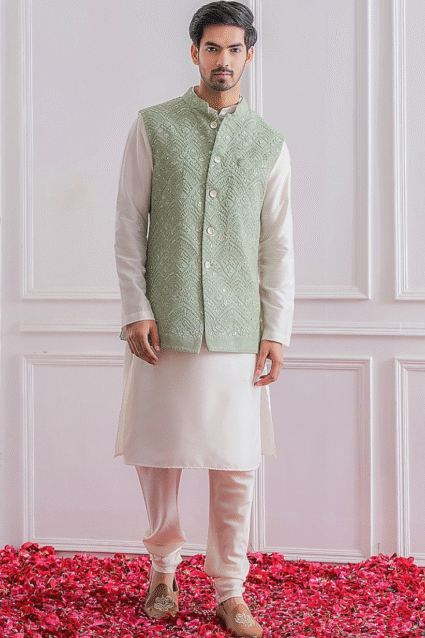 White Silk Kurta with Pista Green Jacket - Traditional Men's Wear