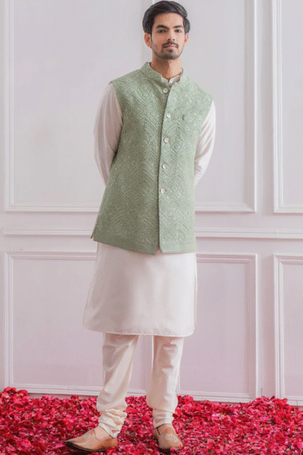 White Silk Kurta with Pista Green Jacket - Traditional Men's Wear