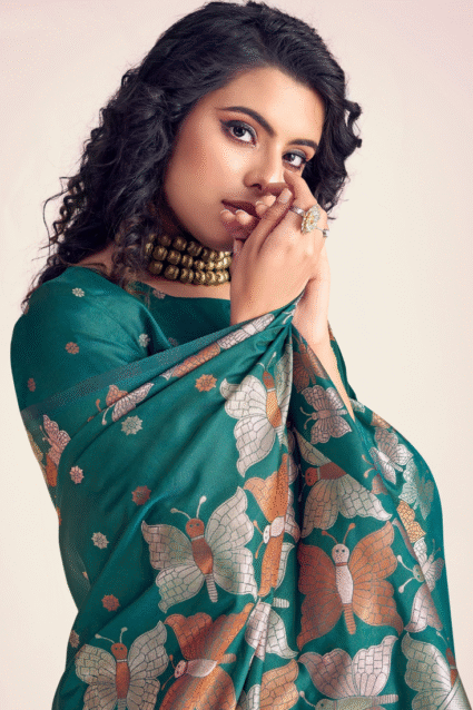 Teal Green Banarasi Silk Saree with Zari Weaving Work & Blouse