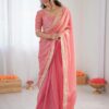 Peach Lace Border Saree Close-up Detail Showing Intricate Workmanship, Perfectly Highlighting the...