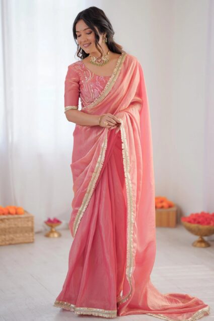 Peach Lace Border Party Wear Saree Set with Blouse