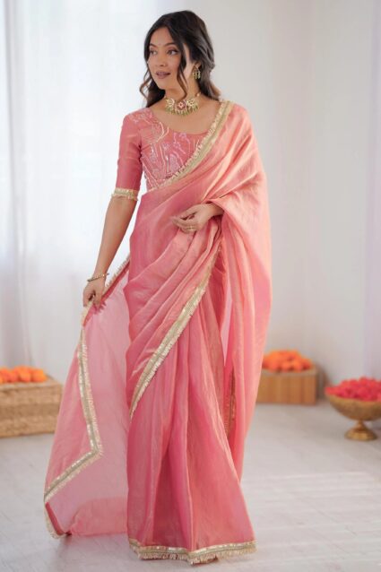 Peach Lace Border Party Wear Saree Set with Blouse