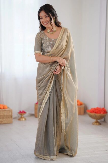 Grey Bead Silk Saree with Blouse for Festive Occasions | Ethnic Race