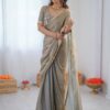 Stunning grey bead silk saree front view with matching blouse