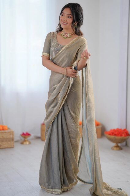 Grey Bead Silk Saree with Blouse for Festive Occasions | Ethnic Race