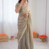 Beautiful embroidery details on grey bead silk saree blouse