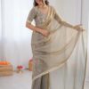 Sleek design of grey bead silk saree and matching blouse from the side