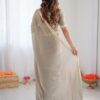 Dramatic back view of grey bead silk saree with matching blouse