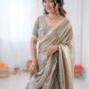 Closer look at delicate grey beads on saree border