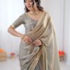 Saree fall and drape showcased on a mannequin in grey bead silk saree