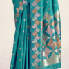 Turquoise Blue Banarasi Silk Saree with Zari Weaving - Party Wear - Close-up