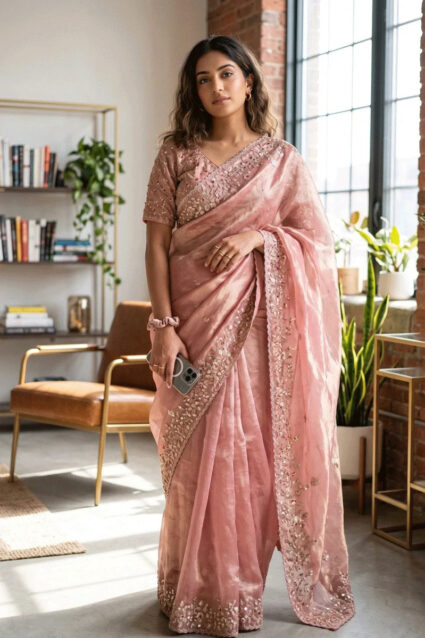 Pink Satin Silk Saree for Women - Premium Party Wear