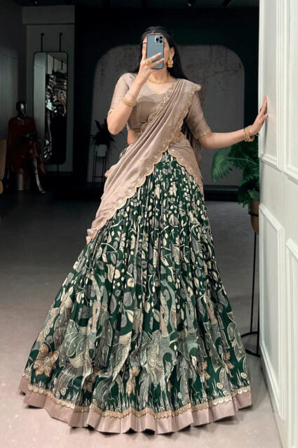 Kalamkari Print Silk Lehenga Choli - Reception Wear