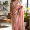 Stunning pink satin silk saree front view