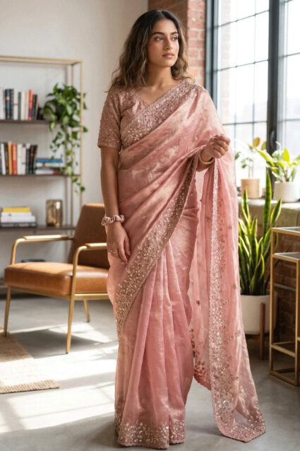 Pink Satin Silk Saree for Women - Premium Party Wear