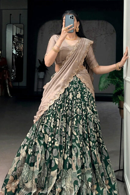 Kalamkari Print Silk Lehenga Choli - Reception Wear