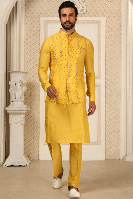 Yellow Koti Kurta for Men - Art Silk Embroidered Yellow Koti Kurta for Men - Art Silk Embroidered