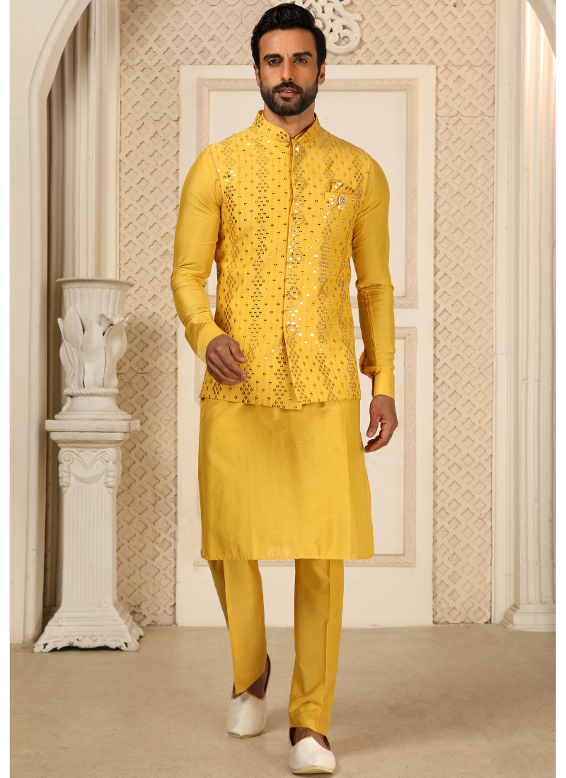 Yellow Koti Kurta for Men - Art Silk Embroidered Yellow Koti Kurta for Men - Art Silk Embroidered