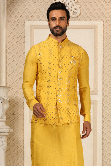 Yellow Koti Kurta for Men - Art Silk Embroidered