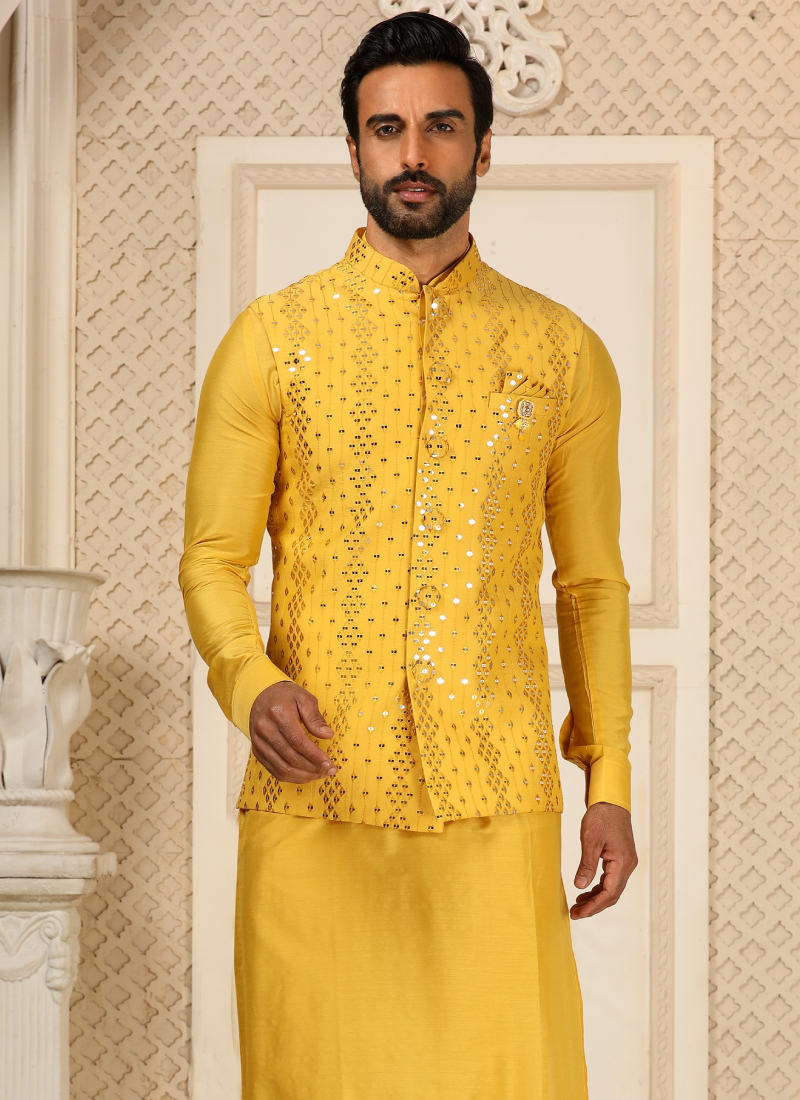 Yellow Koti Kurta for Men - Art Silk Embroidered Yellow Koti Kurta for Men - Art Silk Embroidered