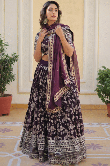 Wine Lehenga Choli Set with Embroidered Floral Pattern