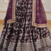 Wine Lehenga Choli Set with Embroidered Floral Pattern - View 6