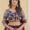 Wine Lehenga Choli Set with Embroidered Floral Pattern - View 5