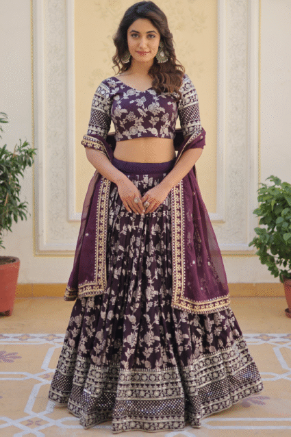 Wine Lehenga Choli Set with Embroidered Floral Pattern Wine Lehenga Choli Set with Embroidered Floral Pattern