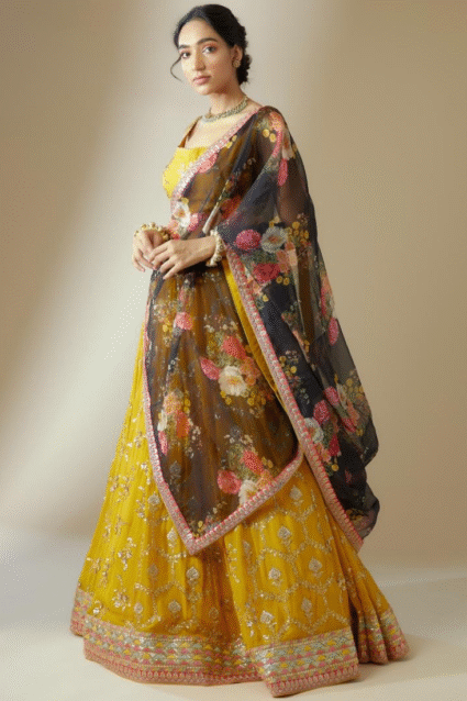 Yellow Georgette Lehenga Choli with Floral Embroidery