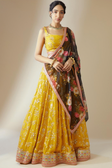 Yellow Georgette Lehenga Choli with Floral Embroidery Yellow Georgette Lehenga Choli with Floral Embroidery