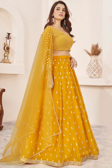 Yellow Haldi Lehenga Choli with Thread Embroidery Work