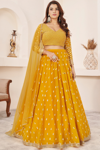 Yellow Haldi Lehenga Choli with Thread Embroidery Work Yellow Haldi Lehenga Choli with Thread Embroidery Work