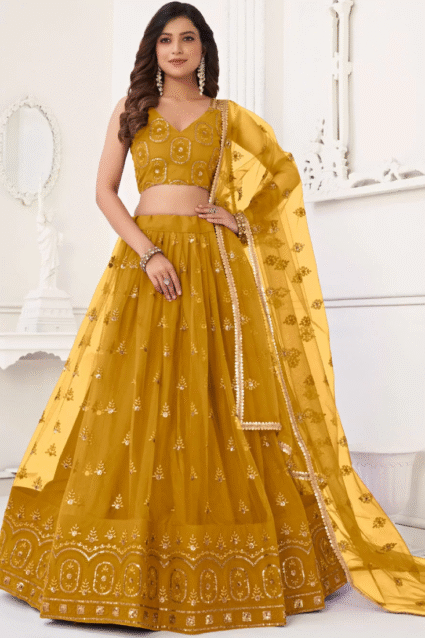 Yellow Thread Embroidered Lehenga Choli for Haldi Function - Ethnic Race