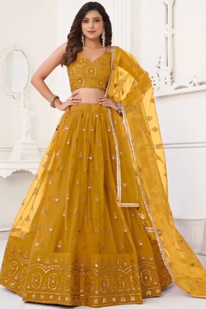 Yellow Thread Embroidered Lehenga Choli for Haldi Function - Ethnic Race Yellow Thread Embroidered Lehenga Choli for Haldi Function - Ethnic Race